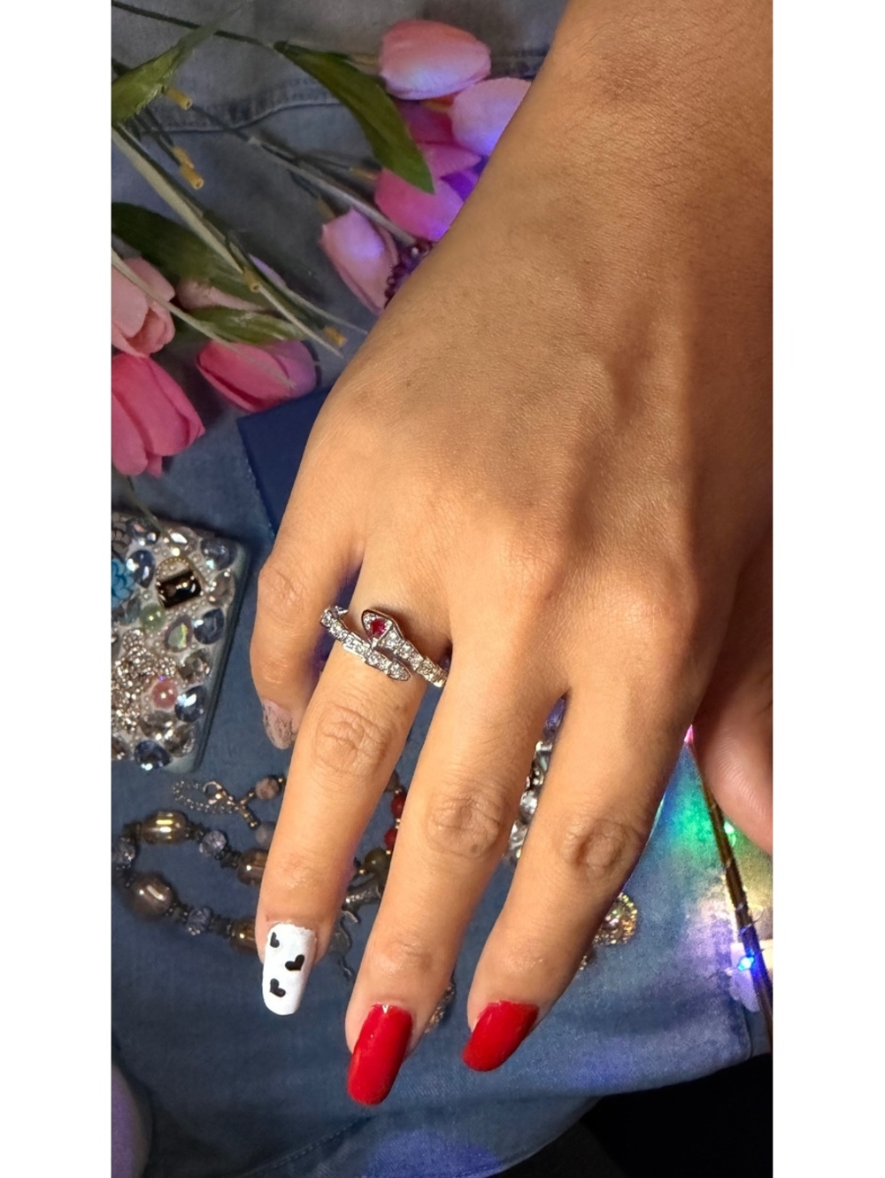 Elegant Silver 925 solid Ring with Red Heart Gem and Clear Crystals